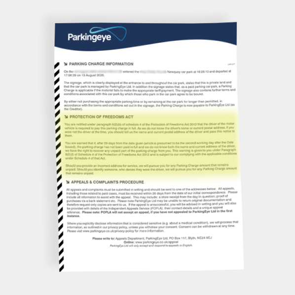 Parkingeye PCN with POFA 2012 errors